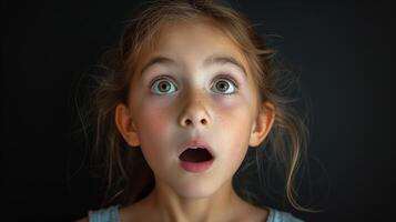 AI generated Portrait surprise face, Portrait of an amazed girl with an open mouth and round big eyes, astonished expression,  Looking camera. black background. photo