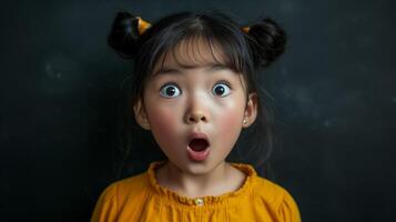 AI generated Portrait surprise face, Portrait of an amazed girl with an open mouth and round big eyes, astonished expression,  Looking camera. black background. photo