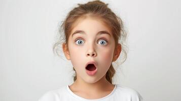 AI generated Portrait surprise face, Portrait of an amazed girl with an open mouth and round big eyes, astonished expression,  Looking camera. White background. photo