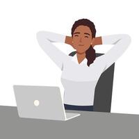 contento mujer de negocios relajarse en silla en oficina distraído desde computadora trabajar. sonriente hembra empleado tomar siesta ensueño a escritorio a lugar de trabajo. vector ilustración.