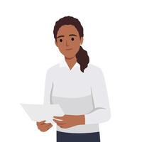 mujer leyendo papel documento y habla burbuja con informacion signo. concepto de profesional guía, manual o instrucción, consejero Proporcionar información vector