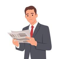 Standing business man reading. Holding opened newspaper in hands. vector