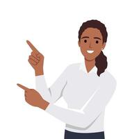 Woman hand pointing finger at left up corner with happy expression and advices use this copy space wisely vector