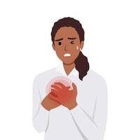Woman feel chest pain. Heart attack or symptoms of heart disease. Idea of health danger and sickness. vector