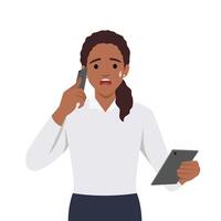 Shocked young woman talking on the smart phone or mobile phone scared in shock with a surprise face. Amazed frowning female calling holding tablet vector
