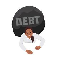 A woman trying to go with a huge weight of debt on her shoulder. Woman crushed by debt. Credit slavery concept vector