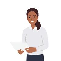 Woman reading paper document and speech bubble with info sign. vector