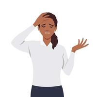 Young woman hold her head because of illness or stress at work. Flat vector cartoon style isolated