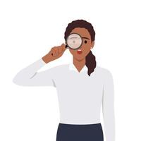 Young woman using magnifying glass and pointing finger. Searching internet data concept. vector