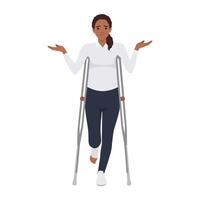 lesionado mujer en muletas plano color vector sin rostro personaje. hembra paciente con roto pierna en yeso, físico trauma