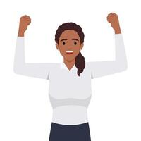 victorioso gesto de contento confidente mujer expresando positivo emoción. exitoso sonriente hembra personaje demostración fuerza con puños arriba vector