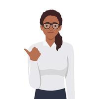 Vector concept illustration Business woman showing and pointing fingers upper corner with thumb, happy expression advices use this copy space.