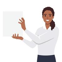 sonriente mujer de negocios demostración carpeta con blanco Bosquejo papel. contento mujer empleado demostrar papeleo terminado tarea a lugar de trabajo vector