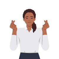 Smiling woman crosses two fingers in the shape of heart, a sign expresses love. Korean heart gesture. vector