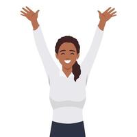 Winning gesture of happy confident woman expressing positive emotion. Successful smiling female character showing strength with fists up vector