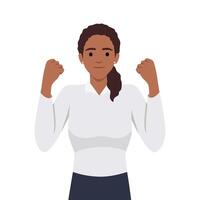 Winning gesture of happy confident woman expressing positive emotion. Successful smiling female character showing strength with fists up vector