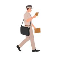 Cheerful postman with parcels and letter walking side view while reading the address on the letter. vector