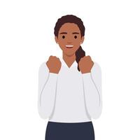 Trendy girl showing success gesture with raised hand fist. Young woman celebrating victory symbol with arms. Female character illustration design vector