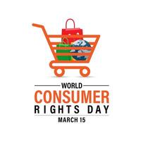 mundo consumidor derechos día póster diseño. compras bolso y consumidor mano con mundo mapa. bandera póster, volantes y antecedentes diseño. vector