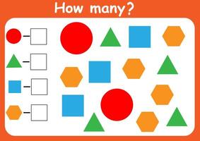 How many geometric shapes are there. Counting game for children. Math assignment for preschoolers. vector