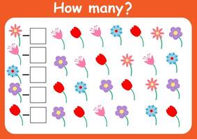 How many flowers are there. Counting game for children. Math assignment for preschoolers. vector