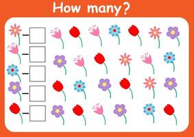 cómo muchos flores son allá. contando juego para niños. matemáticas asignación para preescolares vector