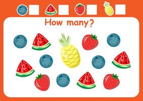 How many are there fruits and berry. Counting game for kids. Math counting worksheet for preschoolers. vector