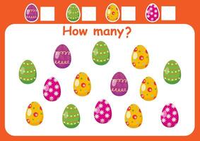 How many Easter eggs are there. Counting game for children. Mathematics worksheet for preschoolers. vector