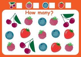 How many are there fruits and berry. Counting game for kids. Math counting worksheet for preschoolers. vector