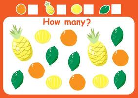 How many are there fruits and berry. Counting game for kids. Math counting worksheet for preschoolers. vector