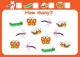 How many bees, butterflies, dragonflies and caterpillars here. Counting game for children. Mathematics worksheet for preschoolers. vector