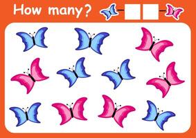 How many butterflies here. Counting game for children. Mathematics worksheet for preschoolers. vector