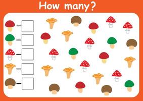 How many mushrooms are there. Counting game for children. Math assignment for preschoolers. vector