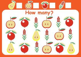 How many berries and fruits are there. Counting game for children. Math assignment for preschoolers. vector