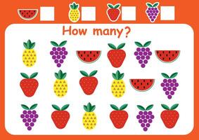 How many berries and fruits are there. Counting game for children. Math assignment for preschoolers. vector