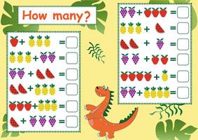 números. cómo muchos son allí frutas y baya. contando juego para niños. matemáticas contando hoja de cálculo para preescolares vector