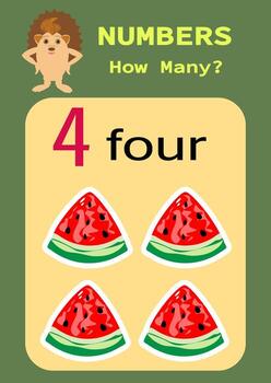 Numbers.Digital card with the image of fruits. Counting game for children. Mathematics worksheet for preschoolers. vector