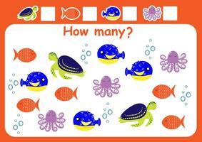 How many sea animals are there. Counting game for children. Math assignment for preschoolers. vector