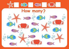 How many sea animals are there. Counting game for children. Math assignment for preschoolers. vector