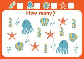 How many sea animals are there. Counting game for children. Math assignment for preschoolers. vector