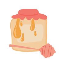 Honey jar with drops and honey stick flat design vector