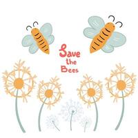 Save the bees poster with bees and dandelion vector