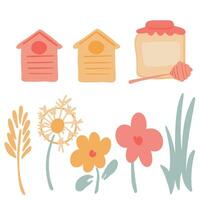 Honey bees set on white background with flowers and grass flat design vector