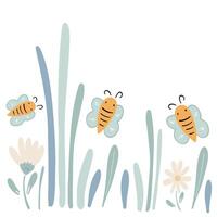 Honey jar grass and flat design bees with lavender vector