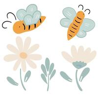 Bees with camomile flat design set on white background vector