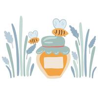 Honey jar grass and flat design bees with lavender vector