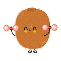 Cute funny Kiwi fruit character with dumbbells. Vector hand drawn cartoon kawaii character illustration icon. Isolated on white background. Kiwi fruit character gym concept