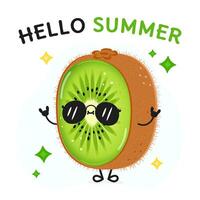 Kiwi fruit character. Hello summer card. Vector hand drawn cartoon kawaii character illustration icon. Isolated on white background Kiwi fruit character concept