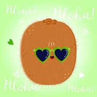 Cute funny Kiwi fruit character. Vector hand drawn cartoon kawaii character illustration icon. Isolated on green background. Kiwi fruit character concept. Aloha card