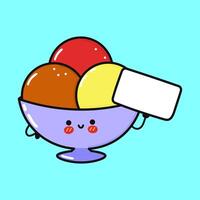 linda hielo crema helado con frutas y nueces con póster. vector mano dibujado dibujos animados kawaii personaje ilustración icono. aislado en azul antecedentes. hielo crema helado con frutas y nueces pensar concepto